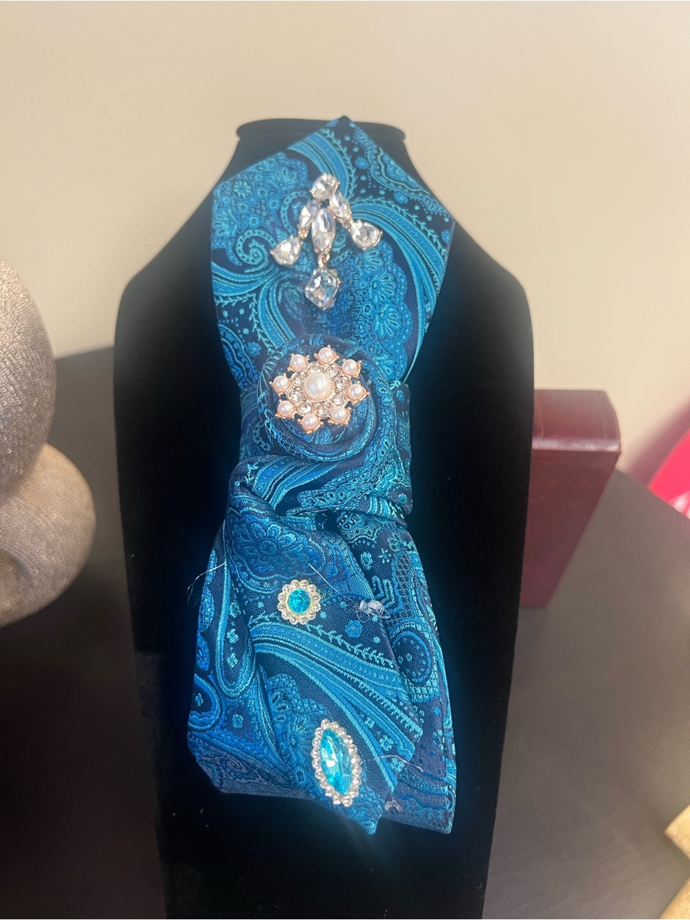Blue Paisley Fabric Necklace with Crystal and Pearl Brooch Accents
